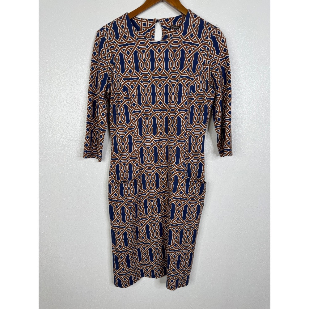 J.McLaughlin Catalina Cloth Dress Navy‎ Brown Geometric Link Print Sheath Small
